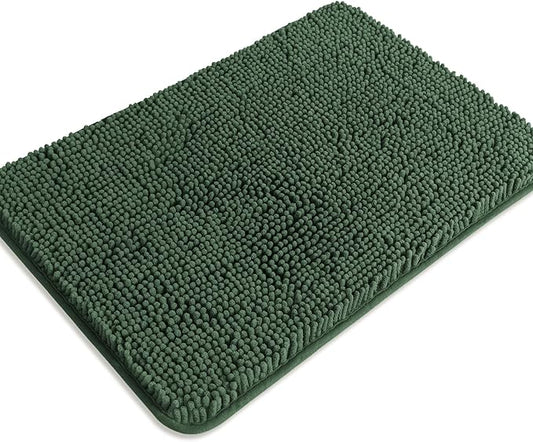 Dark Green Bathroom Rugs – Absorbent and Washable Bath Mat, Non-Slip, Thick Soft Chenille Bath Rugs for Bathroom Floor, Shower, Sink - 24" x 36"