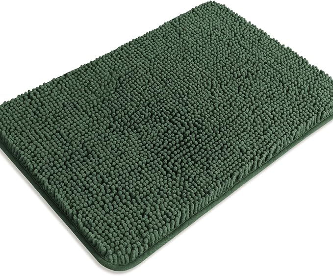 Dark Green Bathroom Rugs – Absorbent and Washable Bath Mat, Non-Slip, Thick Soft Chenille Bath Rugs for Bathroom Floor, Shower, Sink - 17" x 24"