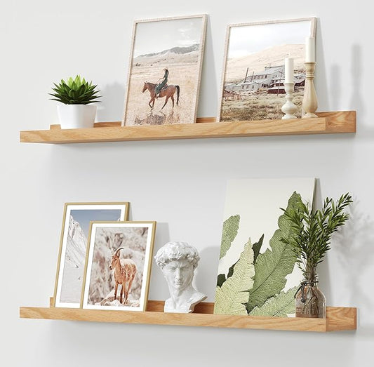 Oak Floating Shelves Wall Mounted Set of 2, Rustic Large Wall Shelves for Storage with Lip, Display Picture Ledge with Lip for Storage, Bedroom, Living Room, Bathroom,Nursery Display