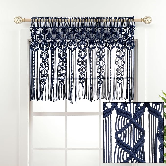 Lush Decor Boho Macrame Textured Cotton Valance, 40" W x 30" L, Navy - Boho Kitchen Curtains & Wall Decor - Macrame Valance - Bathroom Window Curtains
