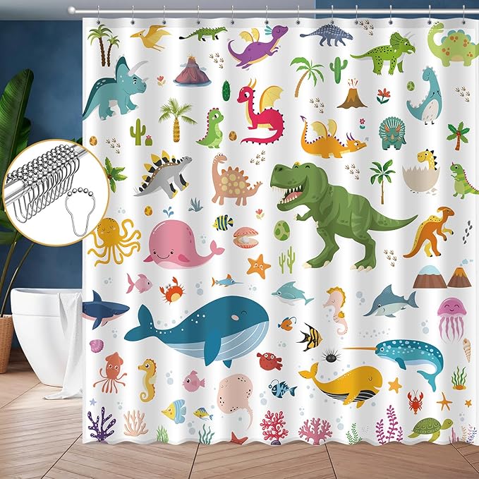 Kids Bathroom Ocean Shower Curtain, Funny Cartoon Dinosaur and Undersea Whale Shower Curtain Set with 12 Hooks, Home Decor Bath Accessories for Boys Girls 72x72 Inches