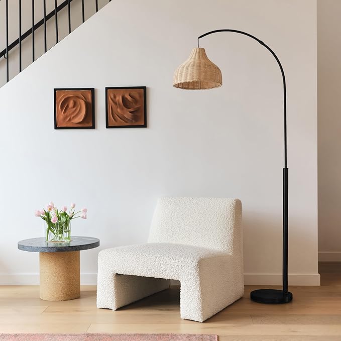 Brightech Lark Standing LED Floor Lamp for Bedroom, Living Room, Office - Modern Tall Corner Arc Lamp with Boho Hanging Rattan Shade - Bright Bedside Reading Light - Black