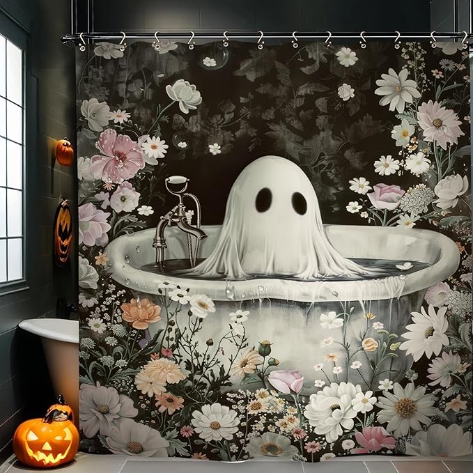 Halloween Ghost Gothic Funny Shower Curtain 60Wx72L Inch Horror Spooky Scary Flower Floral Holiday Bathroom Set Accessories Decor with 12 Pack Hooks