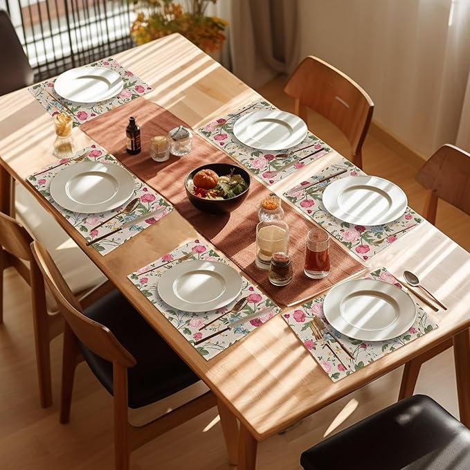 Summer Floral Placemats Set of 6,Washable Heat Resistant 12×18 Inch Linen Table Mats Vintage Rose Place Mats for Summer Party Outdoor Dining Decor