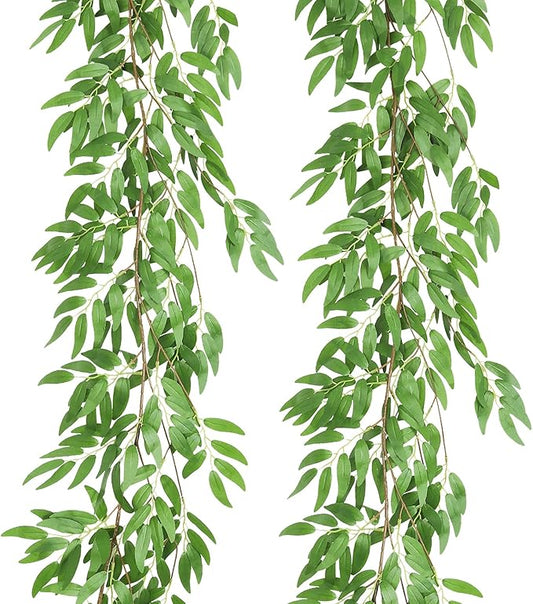 RECUTMS Artificial Willow Leaves Garland 2 Pcs Fake Hanging Vines Plants Artificial Silk Ivy Greenery 6.5 Ft Faux Evergreen Wreaths for Wedding Indoor Outdoor Garden Party Table Decor (Light Green)