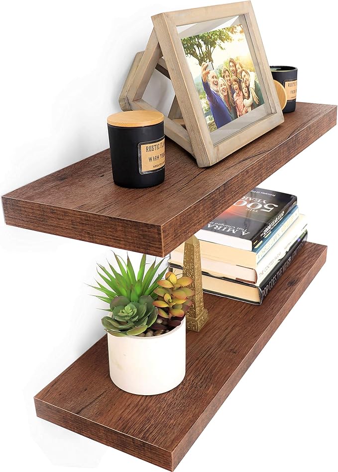 Floating Wall Shelves, 24” Wall Mounted Hanging Shelf Set for Living Room, Office, Kitchen, Bathroom &, Perfect Home Room Wall Decor, Rustic Pattern Designed – Rustic Brown