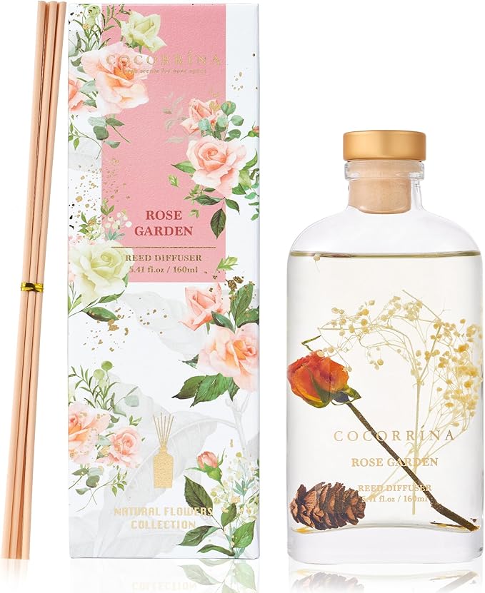 COCORRÍNA Reed Diffuser - Rose Garden 5.41 oz Flower Reed Diffuser Set with Sticks, Bedroom Bathroom Shelf Decor (Scented Blooms Collection)