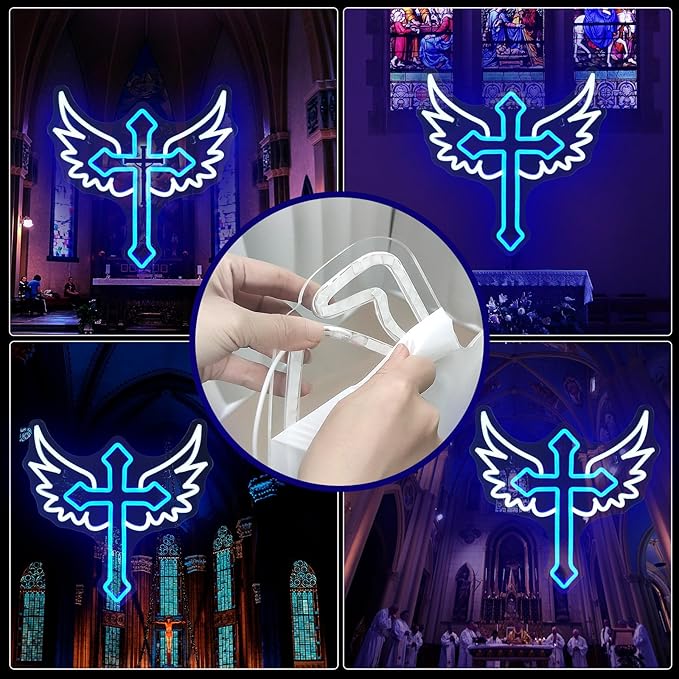 Cross Wings Neon Signs for Wall Decor White Blue LED Light Sign for Preppy Room Decor Light Up Sign for Birthday Party Decoration USB Powered