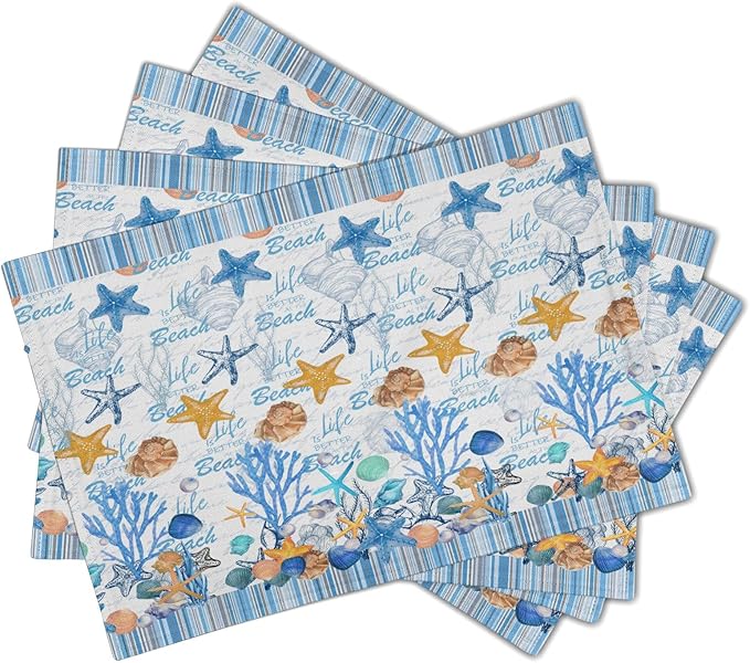 Ocean Starfish Placemats Set of 4 Beach Theme Seashell Coastal Washable Non-Slip Heat Resistant Linen Fabric Summer Thick Place Mats Decorative Table Mat 12×18 Inch for Dining Table Decor