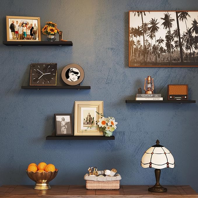 Fixwal Floating Shelves - 4 Set Farmhouse Wood Wall Mounted Shelves for Bedroom & Bathroom Storage, Book Shelf - Black