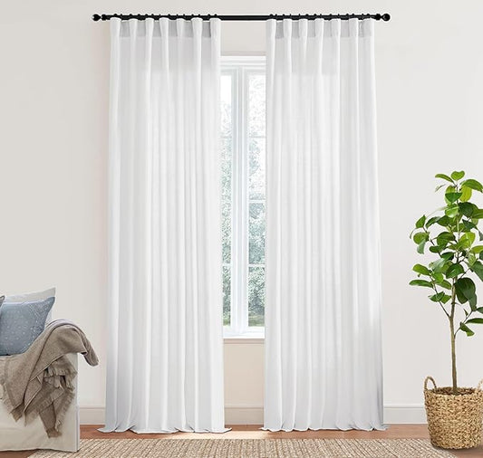 White Linen Curtains 102 Inches Long 2 Panels Back Tab Hook Pleated Rod Pocket Cotton Polyester Blend Light Filtering Semi Sheer Curtain Drapes for Bedroom Living Room,Total 100 In Wide 8.5FT Length