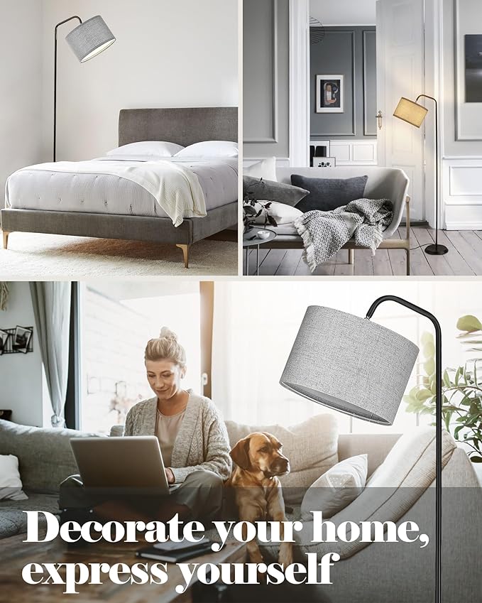 ELYONA LED Floor Lamp for Bedroom 3 Color Temperatures Modern Reading Standing lamp with Adjustable Hanging Grey Linen lampshade Tall Pole Metal Lamp with 9W Bulb Living Room Office Gray