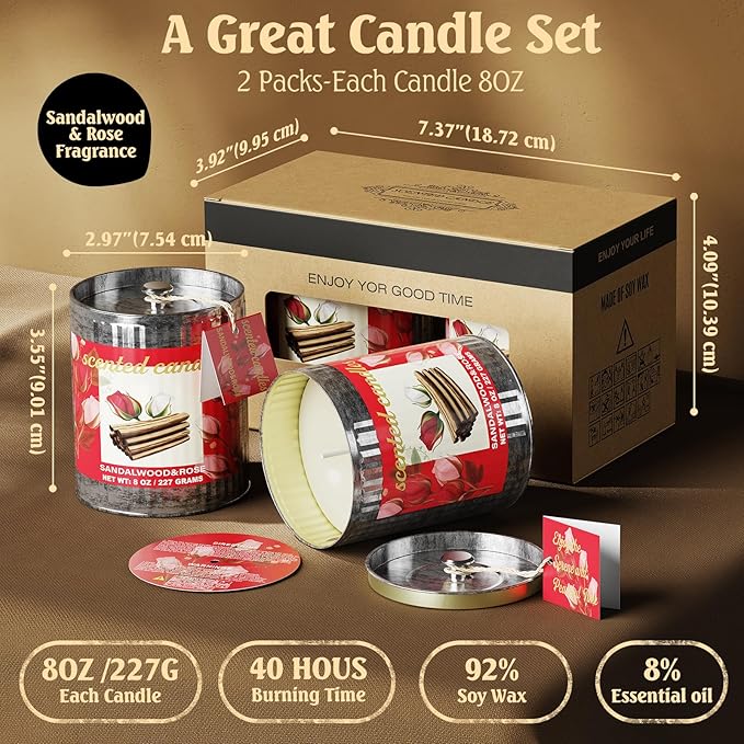 Vintage Scented Candles Gift Set (2 x 8 oz) - Sandalwood & Rose Aromatherapy Candle, Natural Soy Wax Candle, (2 x40) Hours Burn, 8% Fragrance Oil, Holiday Gifts for Home Decor, Relaxation & Christmas