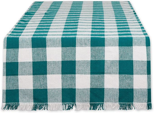 DII Heavyweight Fringed Check Tabletop Collection, Table Runner, 14x108, Teal