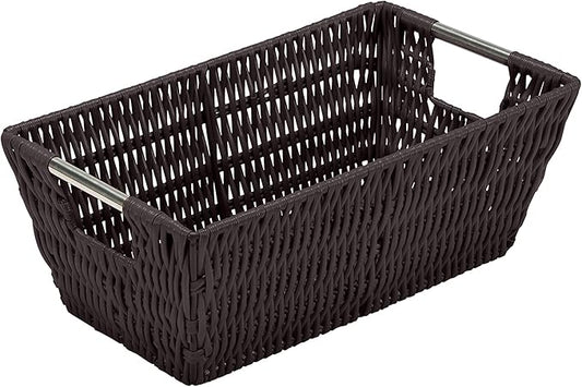 Simplify 11"x6.5"x4.5" Small Shelf Storage Woven Basket with Handles, Nursery, Playroom, Toys, Bedroom, Closet, Clothes, Office, Decorative Rattan Totes, Chocolate