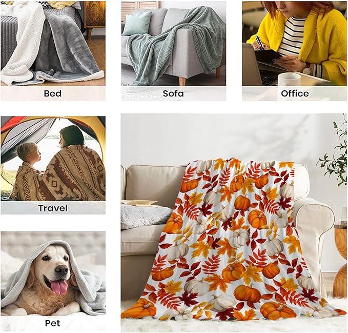 Fall Throw Blanket - Pumpkin Maple Leaf Autumn Blanket - Thanksgiving Fall Decor Gift - Ultra Plush Cozy Lightweight Thanksgiving Pumpkin Blanket for Sofa,Bed,Couch - 30"x40"-Toddlers/Crib Size