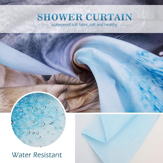 Aimego Extra Long Shower Curtain - Funny Cute Cool Cat Riding Shark Ocean Wave Fun Fabric Cloth Shower Curtain Set with 12 Hooks for Adults Kids Bathroom Decor Accessories Bathtub Curtain, 72"x78"