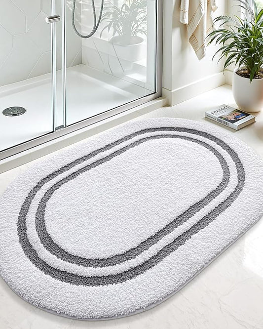 DEXI Oval Bath Mats for Bathroom, 17x30 Absorbent Bath Mat, Washable Microfiber Bathroom Rug with Non Slip Backing for Shower Floor, Dark Grey
