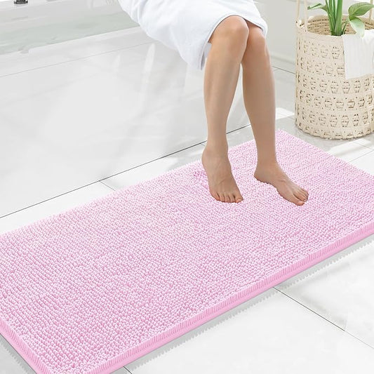 Smiry Luxury Chenille Bathroom Rugs 47x20, Extra Soft and Absorbent Shaggy Bath Mat, Machine Washable, Non-Slip Plush Carpet Runner for Tub, Shower, and Floor, Home Decor Accessories, Pink