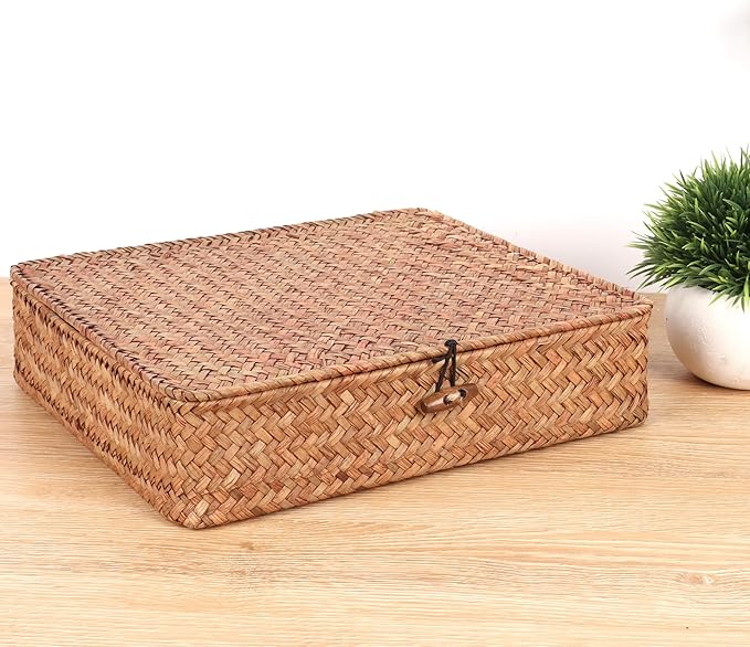 Flat Wicker Shelf Baskets with Lid, Handwoven Seagrass Basket Boxes for Storage Baskets Bins Home Decor Organizer (Coffee Small)