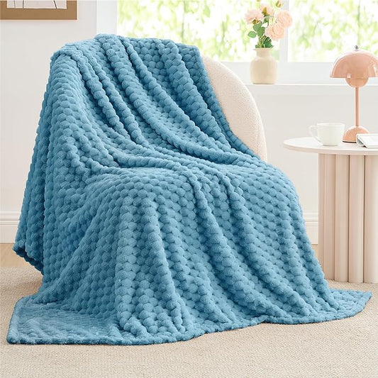 BEDELITE Fleece Blanket Twin for Bed Couch, 3D Jacquard Decorative Blue Throw, Soft Cozy Warm Plush Fuzzy, 60x80Inches