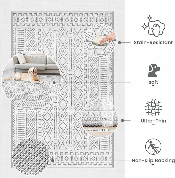 6x9 Area Rug Living Room: Washable Boho Geometric Moroccan Rug Neutral Modern Farmhouse Indoor Soft Non Slip Ultra Thin Printed Pattern Carpet for Dining Room Bedroom Nursery Home (BeigeBrown, 6'x9')