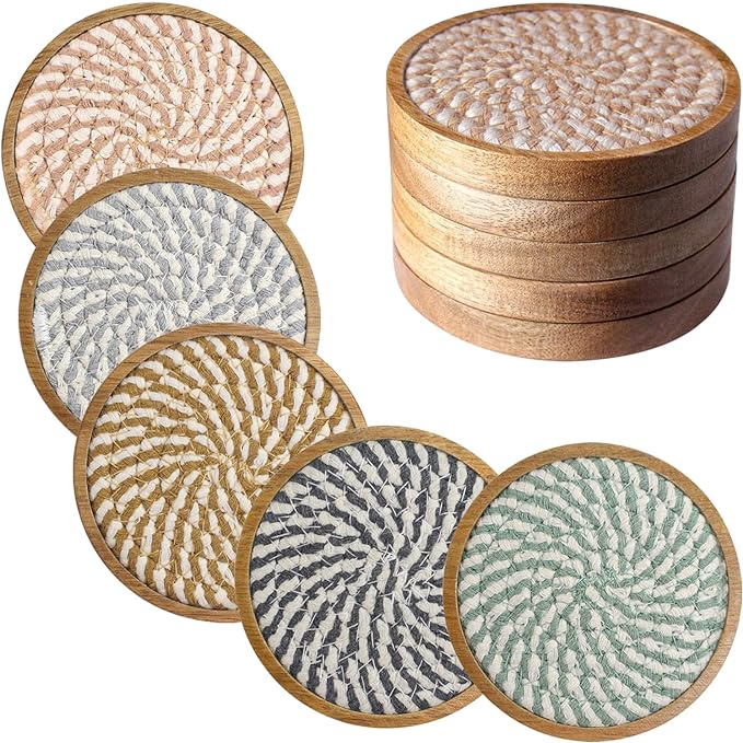 5 Pack Absorbent Coasters for Drinks, 4.3 Inches Cork for Coffee Tables, Wooden Drink Protection, Cute for Kitchen, Farmhouse, and Office (Colorful Series)