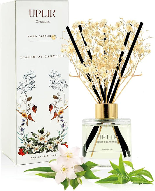Flower Reed Diffusers for Home with 1 Jasmine & White Tea Double Essential Oil, 3.4 oz (100ml) - Elegant Reed Diffuser Set with 5 Sticks for Home Decor, Bathroom, Any Room, Housewarming Gift