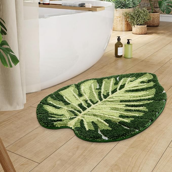 LUMI Cute Bathroom Rugs with Green Leaf Plant, Soft, Fluffy, Plush, Absorbent, Quick Dry, Non Slip, Machine Washable for Shower Floor, Bathroom, Bedroom,Kids Room, 23.5"x31.5", Monstera