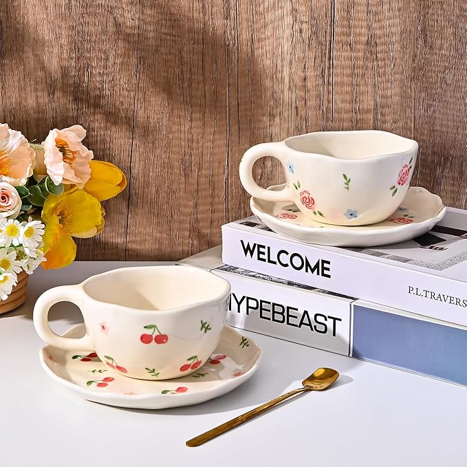 Koythin Ceramic Coffee Mug with Saucers, Handmade Flowers Mugs, Cute Cup for Girl Women, Aesthetic Tea Milk Cup with Handle, 8.5 oz/250 ml for Latte, Cocoa, Office, Home (Rose Blue Flower)