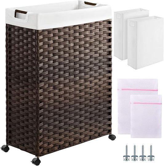 Greenstell Laundry Hamper with Wheels & Handles, 26.4 Gallon (100L) Slim Laundry Basket with 2 Removable Liner Bags & 2 Mesh Bags, Foldable Narrow Clothes Hamper for Bedroom, Bathroom, Closet, Brown