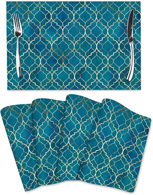 Blue Teal and Gold Modern Placemats Set of 4, Retro Table Mats Washable Heat Resistant Non-Slip for Kitchen Dinner Holiday Party Farmhouse Home Decor, Linen 12"x18"