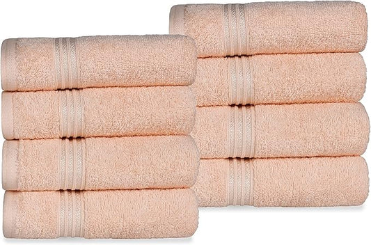 Superior Egyptian Cotton 8-Piece Hand Towel Set, Towel Basics For Quick Dry, Absorbent Small Towels, Facial, Spa, Kitchen, Bathroom Essentials, Apartment, Guest Bath, Soft, Washcloth, Peach
