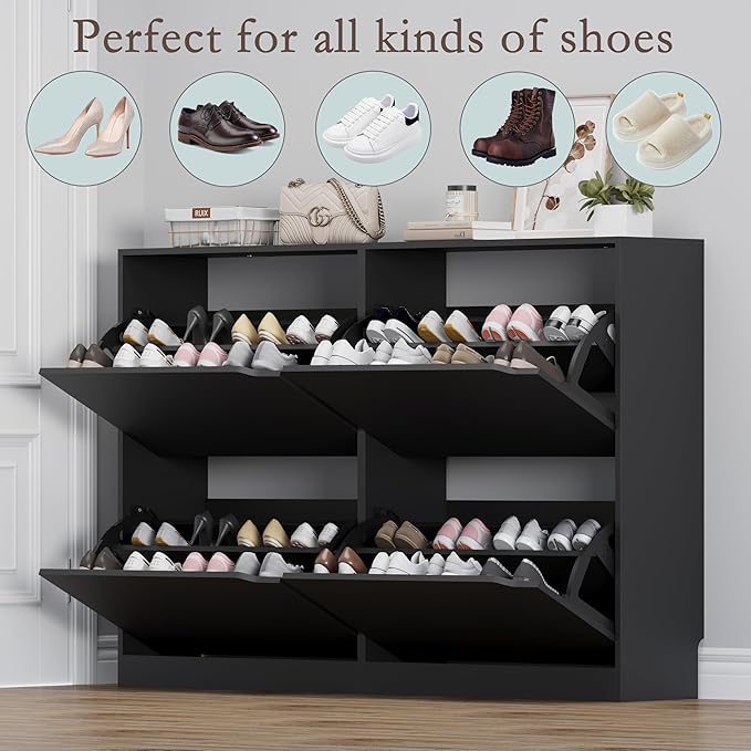 Shoe Cabinet with 4 Flip Drawers, Narrow Hidden Shoe Storage Cabinet, Slim Freestanding Shoe Rack Organizer for Entryway, Hallway, Bedroom, Living Room