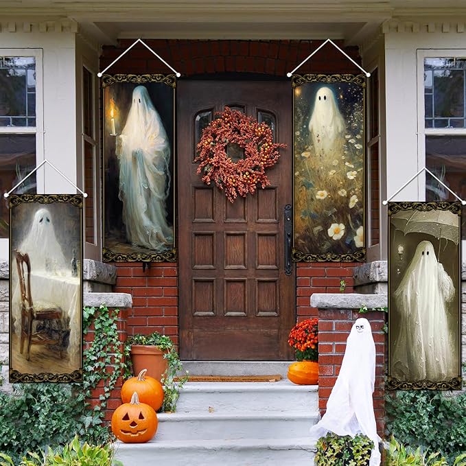 PATIAI Halloween Decorations 4 Pcs Vintage Halloween Hanging Banner Ghost Holding A Candle Photo Banner Backdrop for Indoor Outdoor