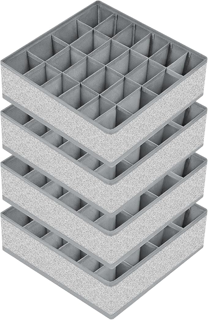 Joyoldelf Sock Drawer Organizer Divider Underwear Organizer 24-cell Fabric Dresser Drawer Organizers Storage Boxes for Socks Lingerie, Handkerchiefs, Ties 4 Pack (Gray)