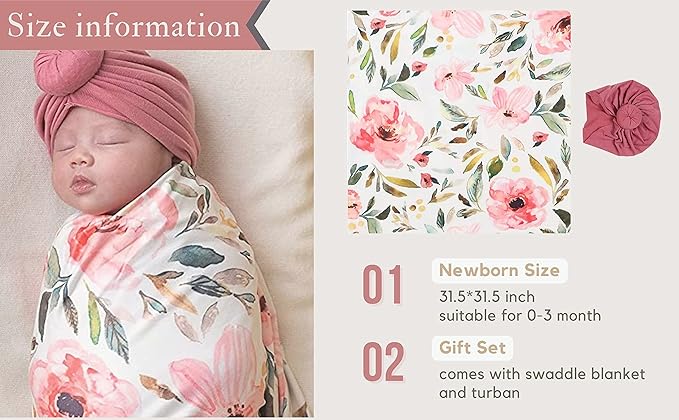 Baby Receiving Blanket Swaddle Blanket Newborn Wrap Swaddle Headband Set -Bloom Flower Pattern (Pink 1)