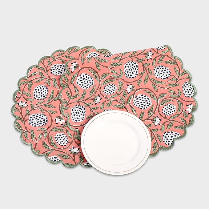 Ridhi Dark Salmon Bo-ho Round Place Mat Double Layer Floral Cotton Washable Placemats 15" Round Embroidery Block Print Table Mat (Pack of 4-15 Inch Round)