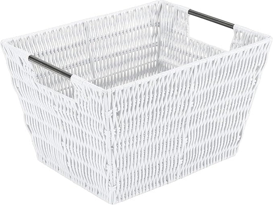 Simplify 12"x10"x8" Medium Woven Basket for Storage with Handles, Nursery, Playroom, Toys, Bedroom, Closet, Clothes, Office, Decorative Organizer Rattan Totes, White