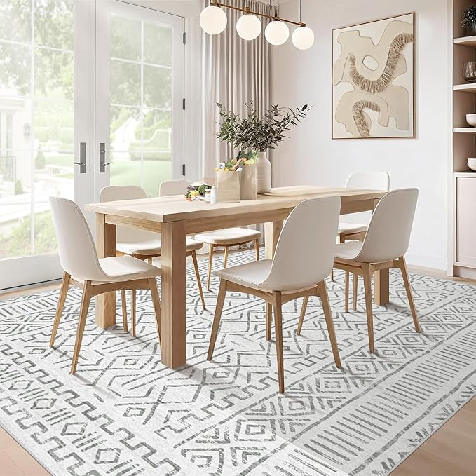 6x9 Area Rug Living Room: Washable Boho Geometric Moroccan Rug Neutral Modern Farmhouse Indoor Soft Non Slip Ultra Thin Printed Pattern Carpet for Dining Room Bedroom Nursery Home (BeigeBrown, 6'x9')