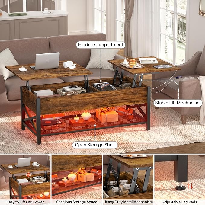 Aheaplus Coffee Table with LED Light and Power Outlet, Modern Lift-Top Center Table with Storage Shelf, for Living Room with Lift Tabletop, X Support Metal Frame, Rustic Brown
