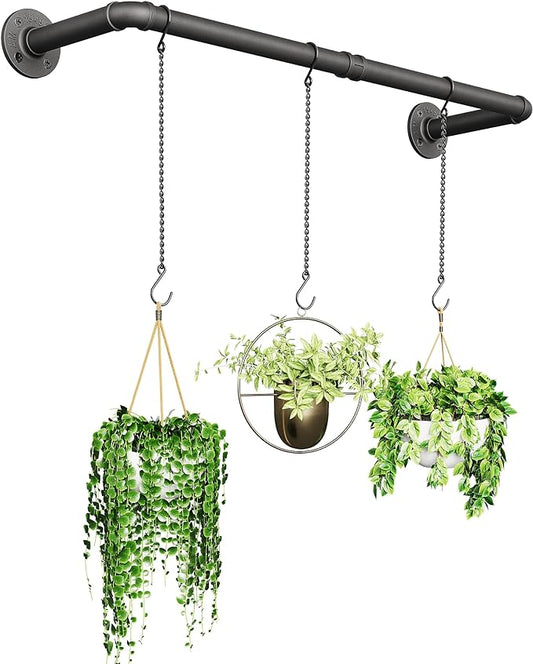 Plant Hanger Indoor, Hanging Planters Rod for Indoor Plants with 3 Hanging Chains, Wall Plant Hanging Rod for Window Ceiling, 38.2 Inch, Metal/Black, Pots Not Included