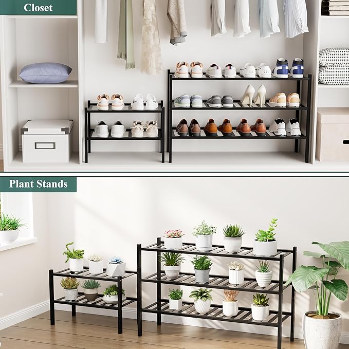 Smiry Shoe Rack, 4 Tier Small Bamboo Shoe Organizer, Stackable Free Standing Wooden Shoe Storage Shelf for Closet, Entryway, Front Door Entrance, Black