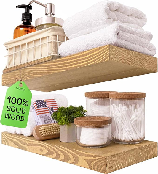 BAOBAB WORKSHOP Natural Wood Floating Shelves for Wall 16 inch - Floating Wall Shelves for Kitchen Bedroom - Wooden Bathroom Shelves - Oak Floating Shelf - 16 x 6.7 Inch, Set of 2