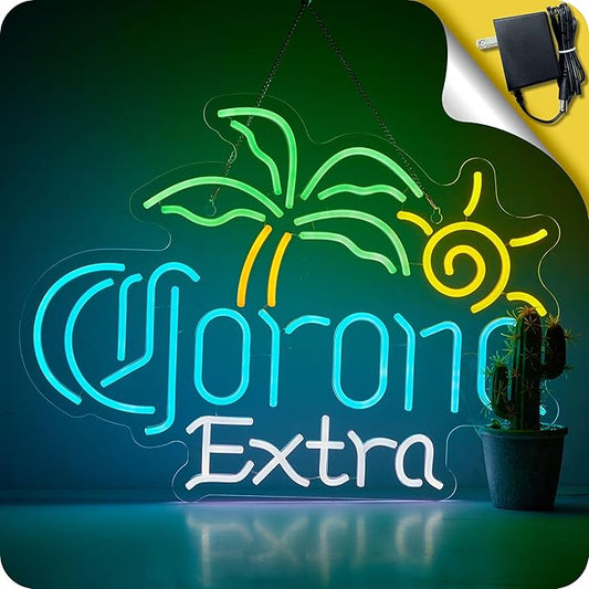 Large Size Beer Neon Sign for Wall Decor Coron Palm Tree Light Up Signs for Man Cave Bar Pub Store Party Club Big Beer LED Lights for Wall Decor Gifts (24 in, 12 v)