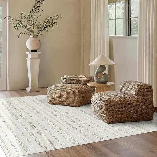 Deerly Area Rug 6x9 Machine Washable Rugs for Living Room, Moroccan Boho Farmhouse Area Rug with Non-Slip Backing, Neutral Low Pile Indoor Floor Carpet for Bedroom Dining Room, Light Brown