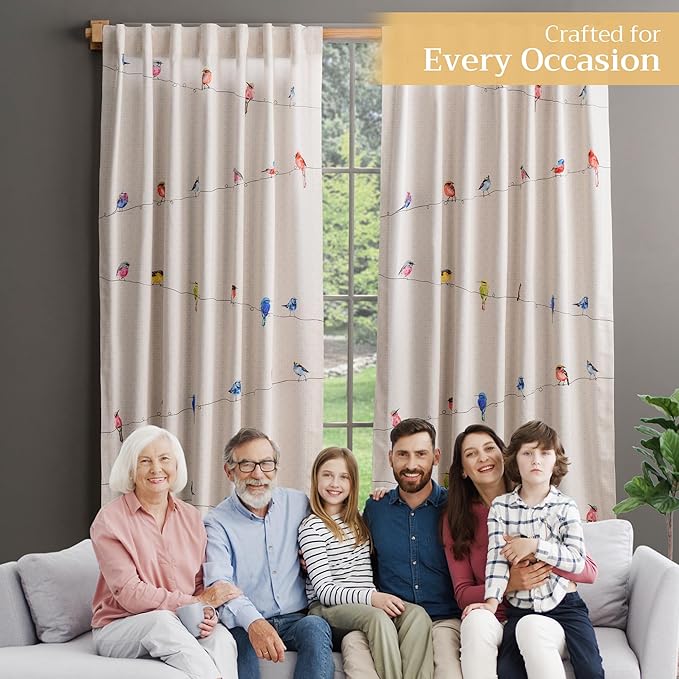 Maison d' Hermine Curtains for Living Room 100% Cotton 124 inch Length Two Panels Light Filtering Curtains for Bedroom Windows with Rod and Loop Pockets Drapes (Birdies On Wire, 50" W x 124" L)