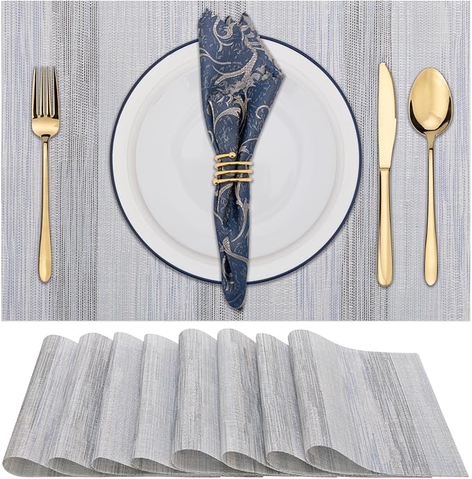 Winknowl Placemats Set of 8, Heat Resistant Stain Resistant Woven Vinyl Insulation Place mats, Durable Washable Elegant Table Mats for Kitchen Dining Table Decor (Lightsteel Blue)