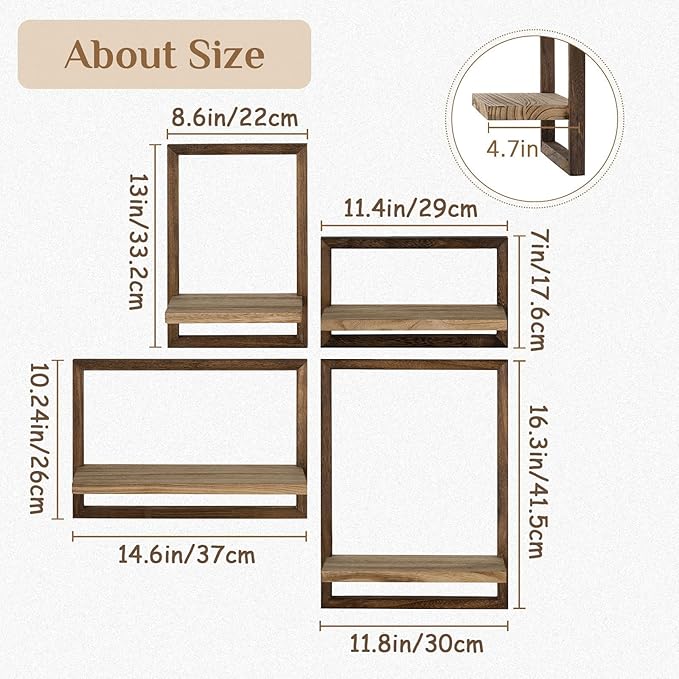 Wood Wall Shelves for Bedroom Farmhouse - Rustic Floating Shelf Decorative Storage Shelving Wall Mounted Decor with Frame for Living Room