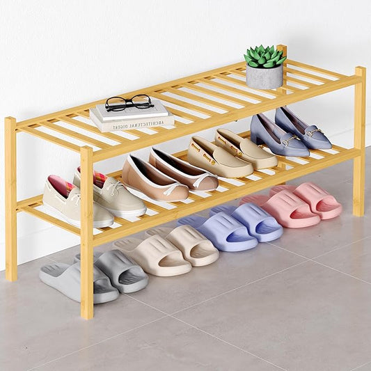 Smiry Bamboo Shoe Rack for Closet, 2 Tier Long Wooden Stackable Shoe Organizer, Free Standing Shoes Storage Shelf for Entryway, Front Door Entrance, Natural